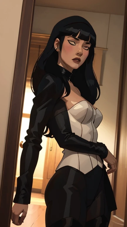 Yennefer, black leather thigh high boots, white pants, long black gloves, bra