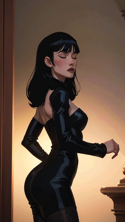 Pin-up in a dark room, dark ambient, Strappy bodycon dress with slit to the waist, 1girl, solo, mid breasts