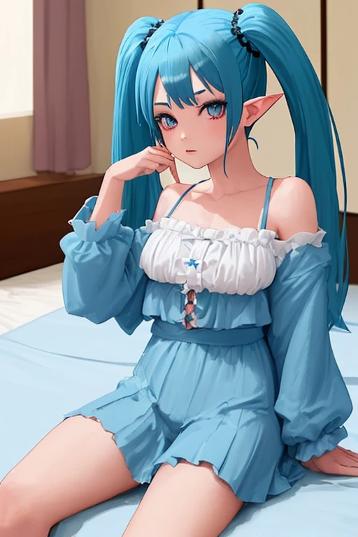 (Masterpiece, highest quality),1 elven girl, solo, breasts, looking up from below, blush, very long hair, bangs, light blue hair, hair style is twin tails,hair ornament is flower, shirt, long sleeves, large breasts, sitting, smile, open mouth, blue eyes, collarbone, white shirt, open clothes, collared shirt, indoors, open shirt, dress shirt, elf, bare lower half of the body ,on bed, partially unbuttoned ,no bottoms