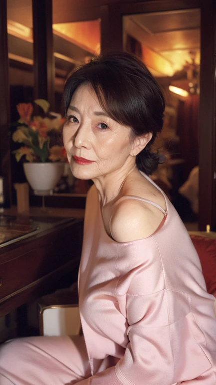Masterpiece, ((Great focus)), 32K, Beautiful finish, ID photo, Beautiful mature woman, 70-year-old woman, Face close-up, Sharp Eyes, Trimmed hairstyle, Long face, (Thin and high nose), Red lips, Thin lips, Golden sequin dress, Light from the front,