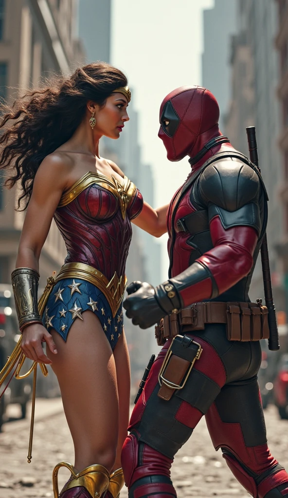 deadpool and wonder woman like a porn star, detailed illustration, cinematic, coming out of a thick fog, facing the camera, highly detailed, hyper-realistic, 8k, masterpiece, professional, vivid colors, dramatic lighting, comic book style, intense expression, powerful pose, muscular body, wearing red and black costume, swords on back, gritty, moody, atmospheric.