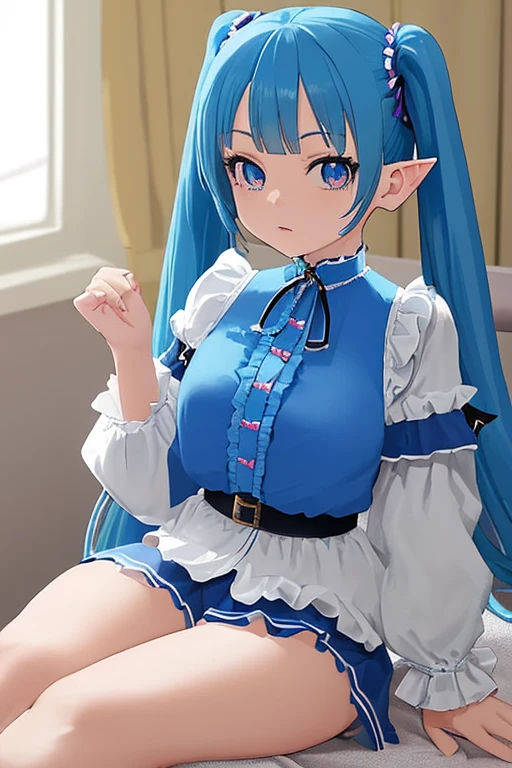 (Masterpiece, highest quality),1 elven girl, solo, breasts, looking up from below, blush, very long hair, bangs, light blue hair, hair style is twin tails,hair ornament is flower, shirt, long sleeves, large breasts, sitting, smile, open mouth, blue eyes, collarbone, white shirt, open clothes, collared shirt, indoors, open shirt, dress shirt, elf, bare lower half of the body ,on bed, partially unbuttoned ,no bottoms
