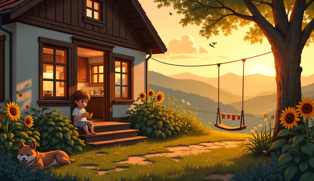 A traditional village house at sunset, with a small campfire flickering in the front yard. A plays joyfully near the fire, while chickens peck at the ground nearby. The sky is transitioning from day to night, with soft hues of orange and purple filling the horizon. The scene feels peaceful and cozy, just moments before the call to Maghrib prayer. The house is modest and surrounded by greenery, bathed in the warm, fading light of the day. Cinematic, realistic, ultra-detailed, 8K, UHD.