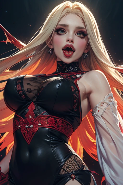 adult girl, longue blonde hair, red eyes, Red Dragon Horns, tattoo, naked, nipples, Masterpiece, hiquality, 4k, HD, Good detail