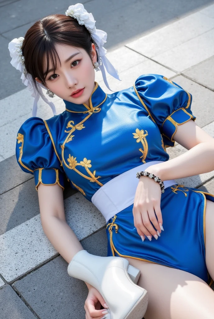 (Chun-Li from Street Fight II:1.2,perfect chun li costume:1.2,Blue cheongsam with gold lines:1.2,Bun head:1.2,bun cover:1.2,sexy pose:1.2,masterpiece:1.2、1 beautiful girl:1.2、fine eyes:1.2、puffy eyes:1.2、highest quality:1.2, 超High resolution:1.2, (reality: 1.4), movie lighting:1.2、Japanese:1.2、asian beauty:1.2、Korean:1.2、super beautiful:1.2、beautiful skin:1.2、body facing forward:1.2、(Full body:1.2,sitting:1.2,chair:1.2,legs togehter:1.2)、(超reality的な:1.2)、(High resolution:1.2)、(8k:1.2)、(very detailed:1.2)、(美しくfine eyes:1.2)、(Super detailed:1.2)、 (simple background:1.2)、detailed face:1.2、bright lighting:1.2、professional lighting:1.2、looking at the viewer:1.2、look straight ahead:1.2、slanted bangs:1.2、Nogizaka Idol:1.2、korean idol:1.2、masterpiece:1.2, highest quality:1.2, masterpiece:1.2, highest quality:1.2, perfect face:1.2, perfect brown eyes with white sclera:1.2, bad move-5:1.2, alone:1.2, 1 girl:1.2, brown hair:1.2, From SF2:1.2, Chinese service:1.2, muscular woman:1.2, blue clothes:1.2, pantyhose:1.2, pelvic curtain:1.2, Puffy short sleeves:1.2, Good cover:1.2, sash:1.2,beautiful calves:1.2,white boots:1.2),