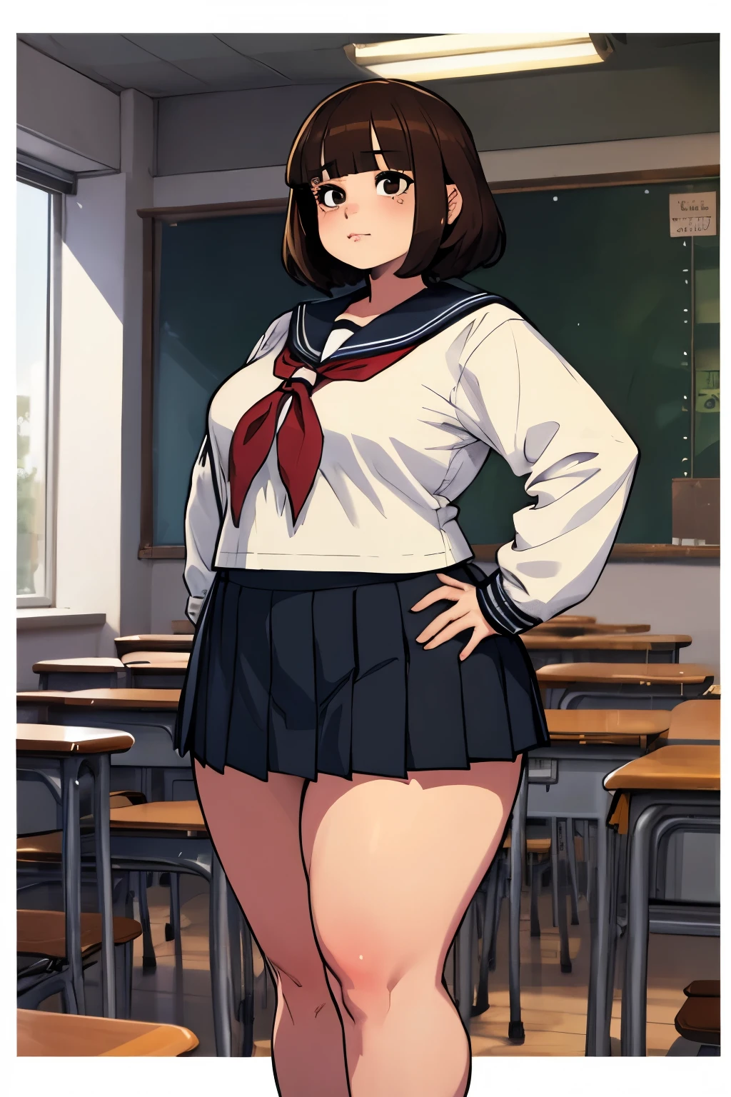 Realistic portrait of clothed animals - ((Chubby)) (puppy) student,(Furry),(Graceful pose:1.5),(Hands on hips:1.5),(Smiling:1.5),High quality,(),(adorable),Exquisite detail,Wearing Japanese sailor uniform,(),Highly detailed ((Female sailor uniform)),Highly detailed outfit,Knee socks,(Happy),Soft lighting,(Full body image:2.0),Classroom background,Clouds,Score 9,Score 8_up,Score 7_up,Score 6_up,Score 5_up,Score 4_up,