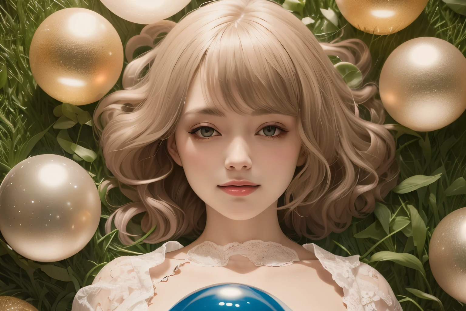 382 (20 year old woman),(short hair),(gentle smile),(high quality photos),( cinematic pictures playing on the lawn ),(colorful),(Crystal Ball),((contrast between light and shade))