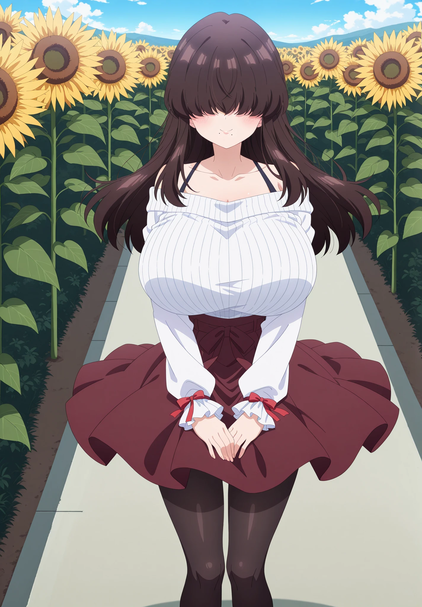 1girl, solo, kawasumi_saya, (large breasts:1.3), cowboy shot, crossed arms, off shoulder, sweater, bent over, (confused:1.2), looking at viewer, black hair, hair between eyes, brown eyes, ponytail, hair bow, white bow