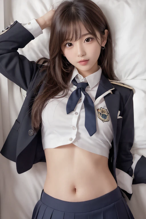 (((Kamimei、、No panties、naked、NSFW,beautiful nipples、raise her legs、spread your legs、spread your legs、cameltoe))),(((((NSFW,lying on the bedいる、lying on the bed、school uniform、sailor suit、blazer、pleated skirt、high school girl、cute panties、ストッキングribbonが足りない、raise her legs))))),((ベッドの上in、lie on your back、from directly above))、table top, 1 girl, best quality, Super detailed, (shiny), (small)、(((with blush cheeks,))),ray tracing,perfect white skin:1.2),reflection, look up_in_viewer, blush, ribbon, medium curl hair、yellow_eye, white choker, Japan's cutest 28 year old beautiful girl、small ribbons in the hair