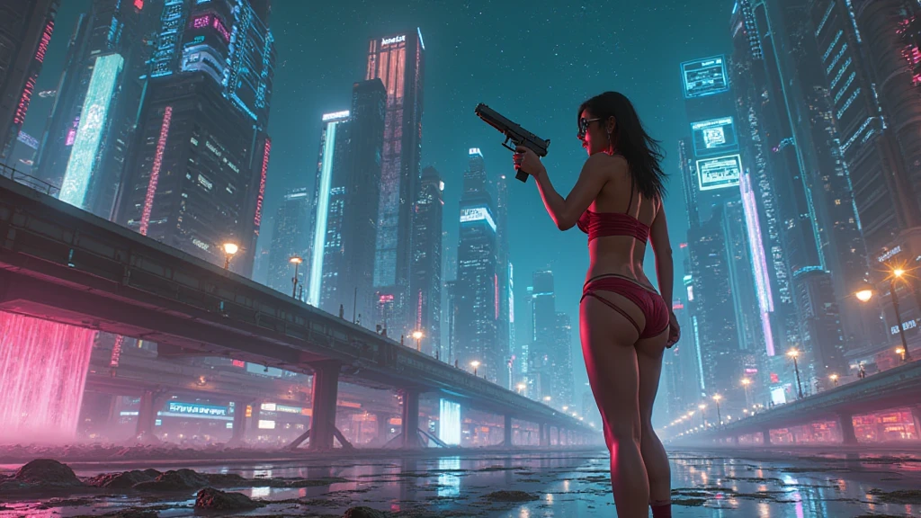 (((a large-breast bikini slim GIRL with black micro sunglasses))), (((aiming at viewer with a pistol))), a balcony of a futuristic building, aerial view of an ultra-futuristic megalopolis, many metal buildings and houses in dark colors from dark blue to black, a cidade tem tons de cinza metal, has smoky metal structures , industrial environment with smoke and fog around, carros escuros nas ruas, desert megalopolis, trilhos e trens modernos de de metal passando estre as ruas da cidade, tall futuristic metal buildings, many ultra modern buildings around, (((an Egypt sphinx statue on the top of building))), realistic, detailed, sci-fi.