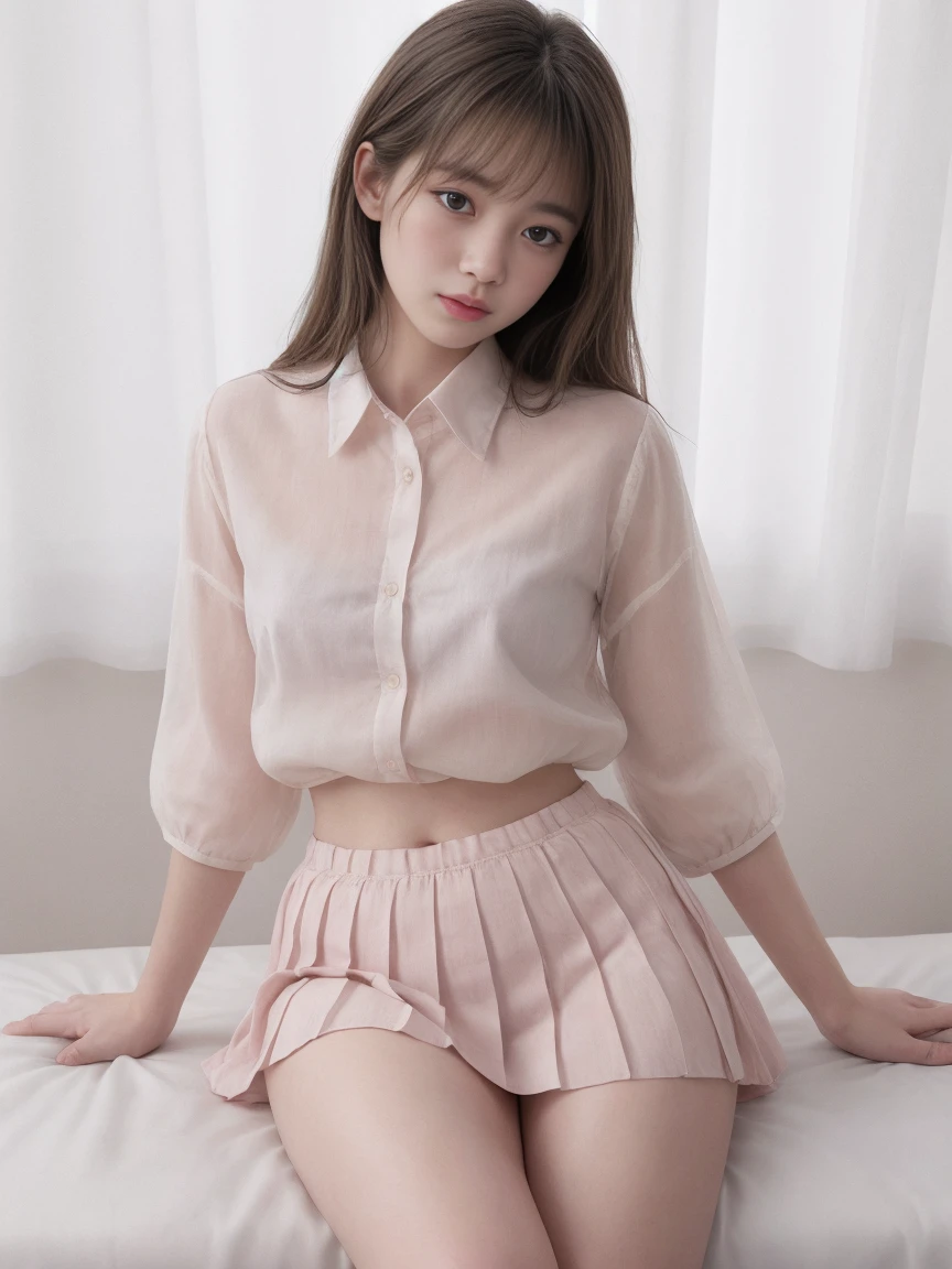 Top Quality,extremely highly detailed,masterpiece,realisitic,Photo real,bright lighting,1 girl in, Very beautiful 17-year-old girl, (kawaii:1.2),faint smile, (Brown eyes),(light brown hair),(bangs),perfect shiny skin,Flawless skin,((Erotic,Sexy and sexually explicit)),((Precise hands without dissonance)), big full breasts, big breasts and a thin waist, Watch your audience,,((Long sleeve uniform white shirt:1.1)),(pink mini pleated skirt:1.3),(Show Panties:1.6) , (panties under the skirt:1.3), Wearing black panties,((Sits,Open Legs Wide)), daytime,on a table, your back to the window, Smiling broadly, (spread legs:1.5), (tight fitting clothes), cute tie:1.1