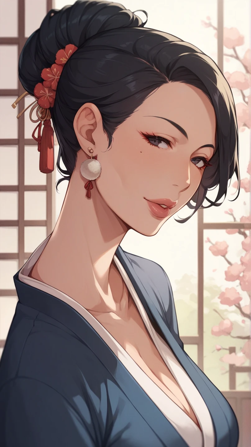 1womanl, (tmasterpiece: 1.3),Beautiful mature Japanese woman, detailed finger, beautiful hand, hyper realisitc, 1womanl, (, Bewitching body: 1.2) brunette color hair: 1.1, Super detailed face, Detailed lips, Detailed eyes, 二重まぶた, Sexy low-cut neckline kimono, Open neckline, Sagging chest, Side posture, visible curves,full body1:1