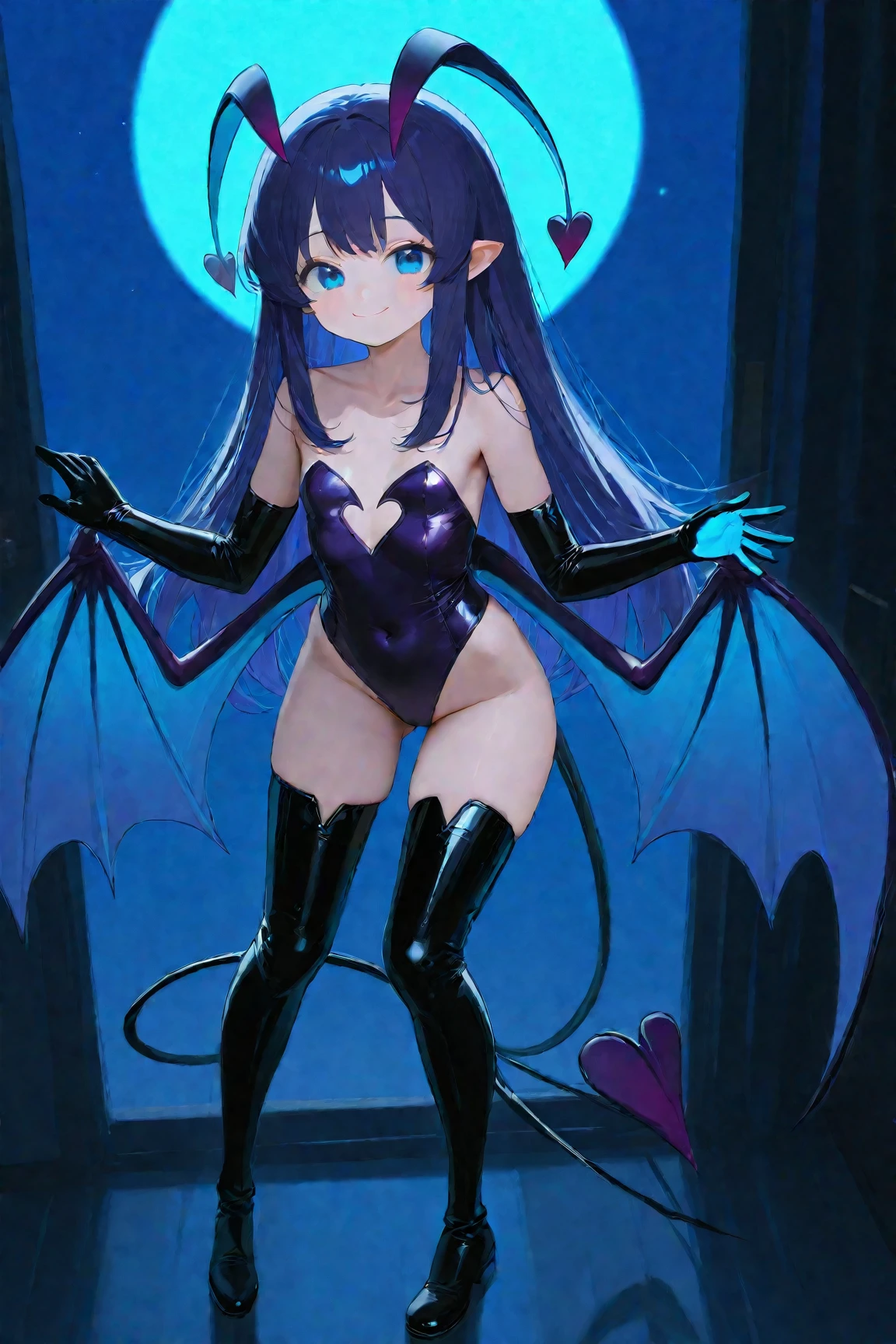 highest quality Highest quality Draw a face carefully High-definition anime-style face Super Glowing Skin Black full body suit Purple pantyhose barefoot Succubus lure smile squat