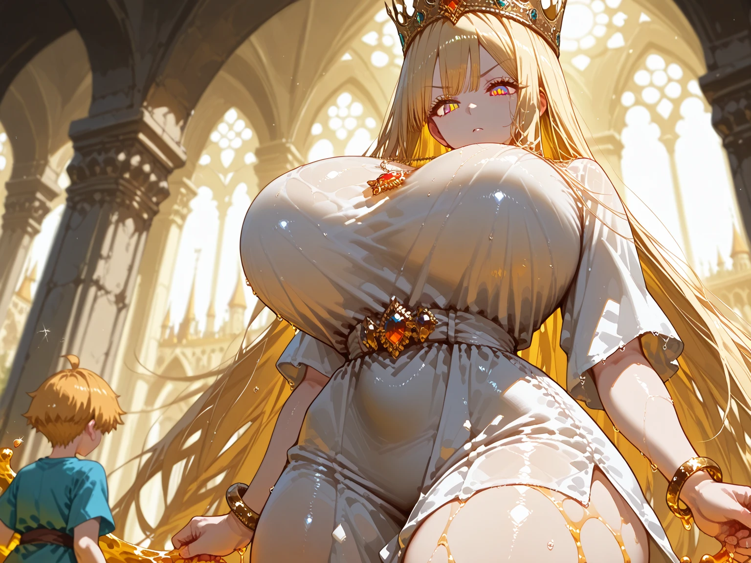 17yo girl, elf, golden hair, hime cut, long hair, J cup breast, thicc thigh, erotic body, golden string pasties on tits, golden pasties on pussy, golden bracelets, golden collar, golden necklaces, golden throne, golden cape, golden tiara, gorgeous, sit on thrones, holding golden cane, charming smile, throne room scene, clear view.