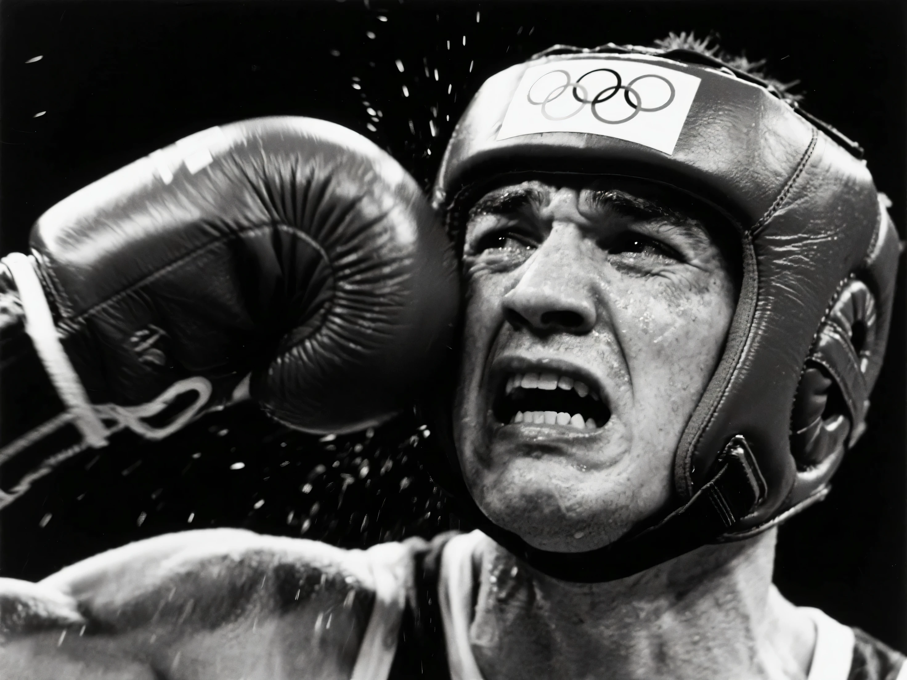 Boxer with gray hair and mustache, slightly overweight but not much, thin arms and bloated abdomen. He looks like Alberto Fernández, former president of Argentina. He has red boxing gloves on and is trying to play a violin but the gloves are obviously getting in the way.. It is in a room where there are many pictures and paintings
