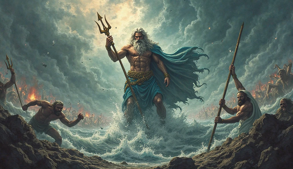 Poseidon, the mighty Greek god of the sea, commanding the ocean with his trident, surrounded by crashing waves, powerful currents, and a stormy sky.