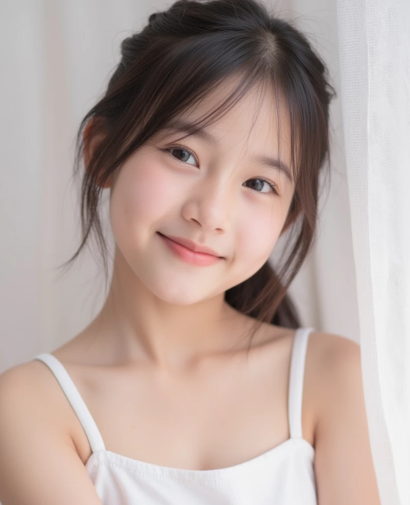 (masutepiece, Best Quality:1.5), 8 year old beautiful girl, 8K, 50mm portrait, Raw photo, absurderes, Delicate girl, (Close up face, full of sweat, Shiny skin, gym room, exercise:1.2), Upper body, Looking at Viewer, (Smile:0.4), breasts focus, Thin arms, very thin waist, No makeup,face lights, clear lighting, Film grain, chromatic abberation, (Bokeh:1.3), (Simple background:1.2)、(All Nude)、rib、or thin legs、full bodyesbian、Child's body shape、(8 years old girl)、(flat breast)、(Very cute face)、(petite body)、(FULL BODYSHOT)、(Bursting smile)、