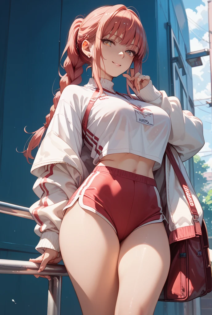 realistic image, coherent image, detailed image, 1 beautiful girl, She has orange hair, long, silky hair styled with a heart-shaped ponytail, green eyes, she has bunny ears, a bunny tail, her face is oval and delicate, smiling shyly. She is wearing a long sleeved top, mini shorts, sneakers. She has a curvy body, small breasts, thick thighs, surrounded by mountains, windy day