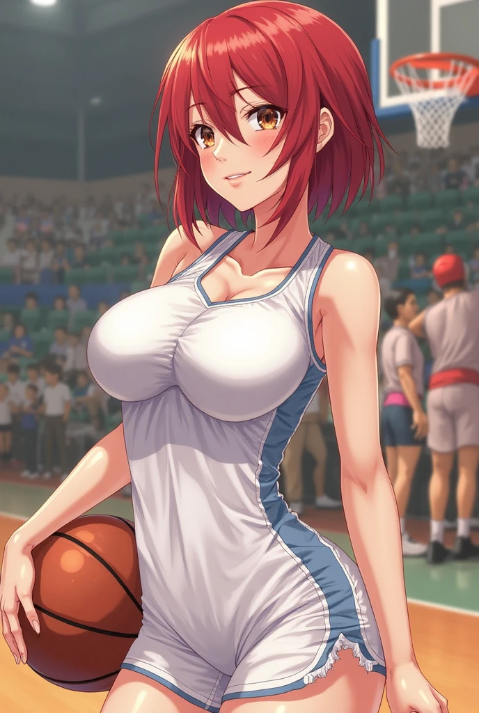 Masterpiece: 1.2, Best Quality), Realism, (Real Pictures, Intricate Details, Depth of Field), (1girl, Solo), Makeup, Lip Parting, High Detail, Perfect Face, (Huge Tits: 1.4), (Skindentation), Thick Thighs, Wide Buttocks, Thin Waist, Tall, Coral Lips, Red Hair, Red Eyes, Ponytail, (Girl Playing Basketball, Red Blue Jersey), (Sweating: 1.2), (Wet), Sexy, Blushing,