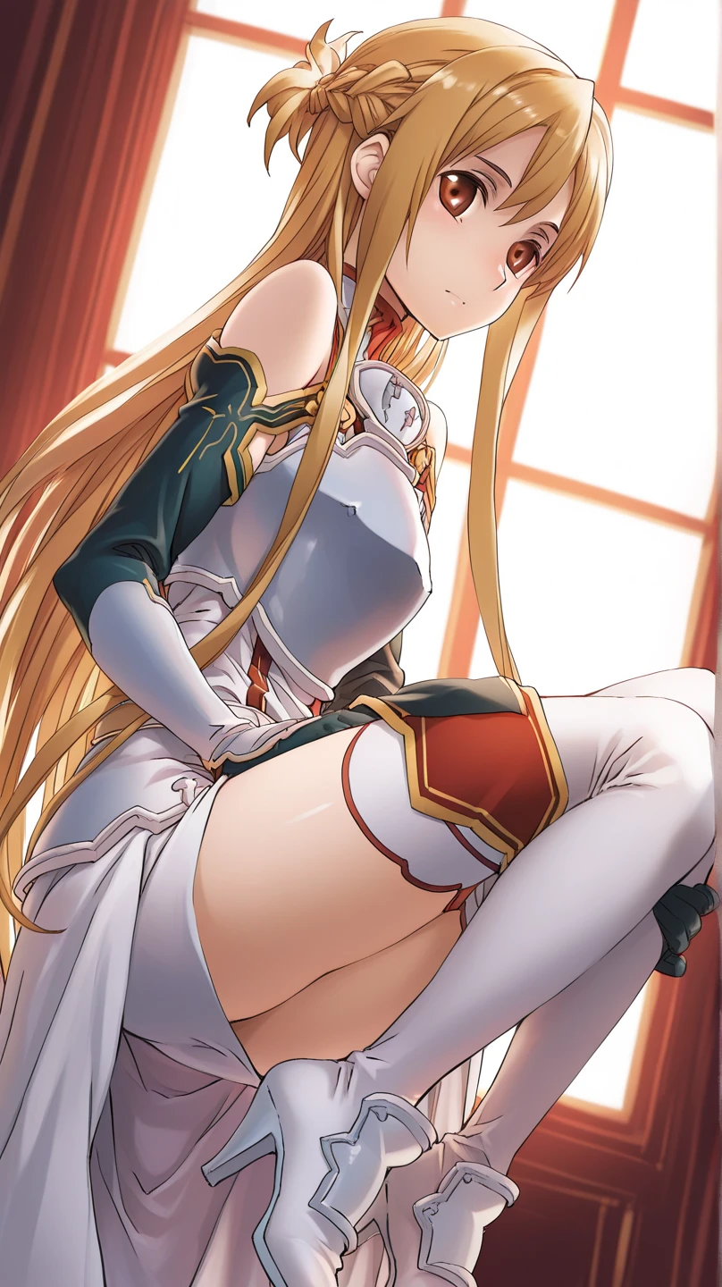 Asuna、Sword Art Online、JK Packing、Single horsetail, Yuuki Asuna, High quality, 8K, master piece, {{{{masutepiece}}}}, {{{Hyper Detailed}}}, {{{hight resolution}}}, {{Good anatomy}}, (((Best Quality))), ((extremely delicate and beautiful)), {{an extremely detailed and delicate}}, {8k cg wallpaper}, {{Illustration}}, Ray tracing, sleeveless dress, cheongsam tunic suit, pelvis curtain, High Slit Dress, Asuna,white lace panties, dress lift,nsfw, panty shot,upskirt on the bed,kneeling, cameltoe, female masturbation, crotch grab, cum in ass, pink steam, spread pussy, pubic hair,in the bed room,nsfw