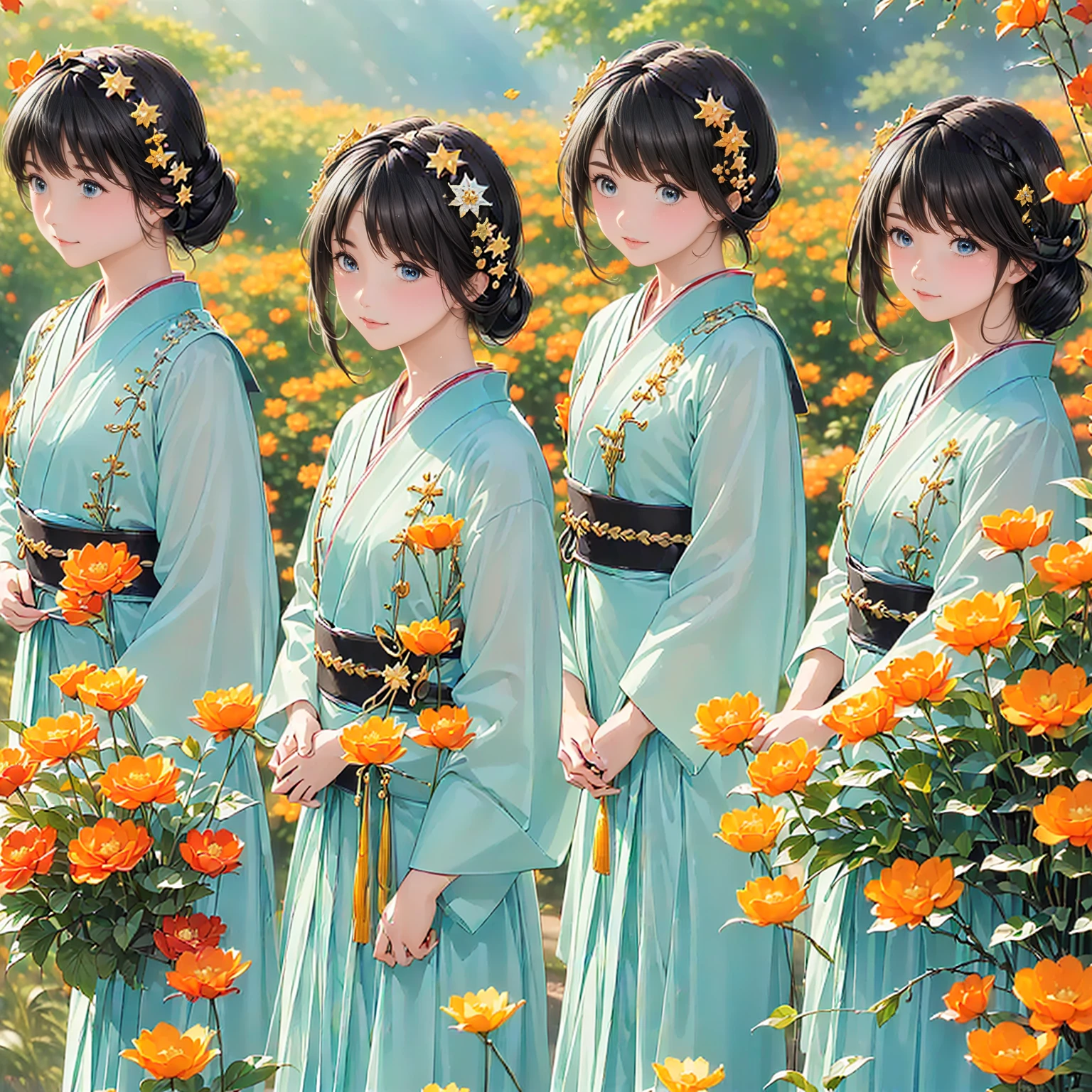Beautiful illustrations、There are three young women on the screen、One was Japan young woman with dark hair.、Wearing a sky blue kimono with flower print、One has Russian brown hair.、With gray eyes、Young Russian woman with round glasses、She wears a purple kimono printed with Sanrio characters、One wearing Ukrainian national costume、It is a young Ukrainian woman wearing a wreath on her head、arafed woman in a dress and sunflowers in a field, Ukrainian national costume, ukrainian national clothes, slavic folk fairytale, ukrainian girl, slavic style, inspired by Viktor Vasnetsov, traditional russia, the goddess of autumn harvest, goddess of summer, Ukraine.