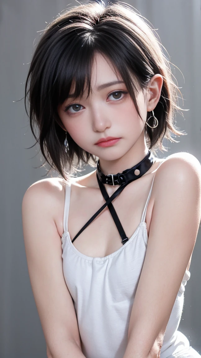 8k、Highest quality、masterpiece、(Headshot closeup:1.23)、One cute girl、(14 years old)、(Flat Chest、slim、Flat Body:1.23)、(Sports Bra、Off the shoulder:1.23)、(Leather jacket 1.23)、(Open Front:1.33)、(Ahoge:1.23)、(Realistic Shadows:1.3)、(Midnight Ruins:1.4)、((moonlight))
