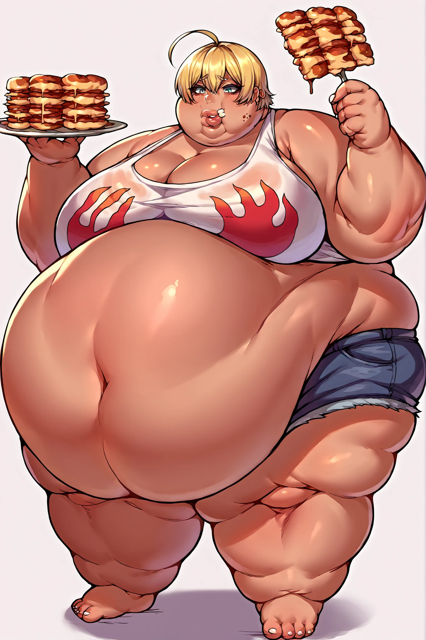 1girl, solo,sumCor, black hairband, hair flower, flower necklace, bracelet, white bikini, bikini skirt,vibrant colors,mature, milf,(best quality, masterpiece, highres, ultra high resolution, high quality face, high quality eyes:1.1), kitchen,table,chair,standing,standing,view from side,eating burger,eating giant burger,aroused,blush,fart,farted, farting,excessive farting, Flatulence, green gas clouds,thick (green gas clouds1.2), massive green gas clouds, giant fart, (massive fart:1.2),room filled with gas,gas coming out of ass,gas from ass,sound effects, hyper breasts, hyper ass, chubby belly, large belly,gigantic belly,(hyper belly:1.4),hyper fat,(morbidly obese:1.4), wide hips, (massive hips:1.4),round belly,large belly, closed eyes, eyes closed, belly touching the ground, bbw,ssbbw,ussbbw,overweight,stuffing,stuffed belly