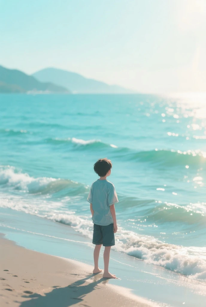 There was a little boy sitting in the water by the sea，Look at the five-meter-tall frog in the sea