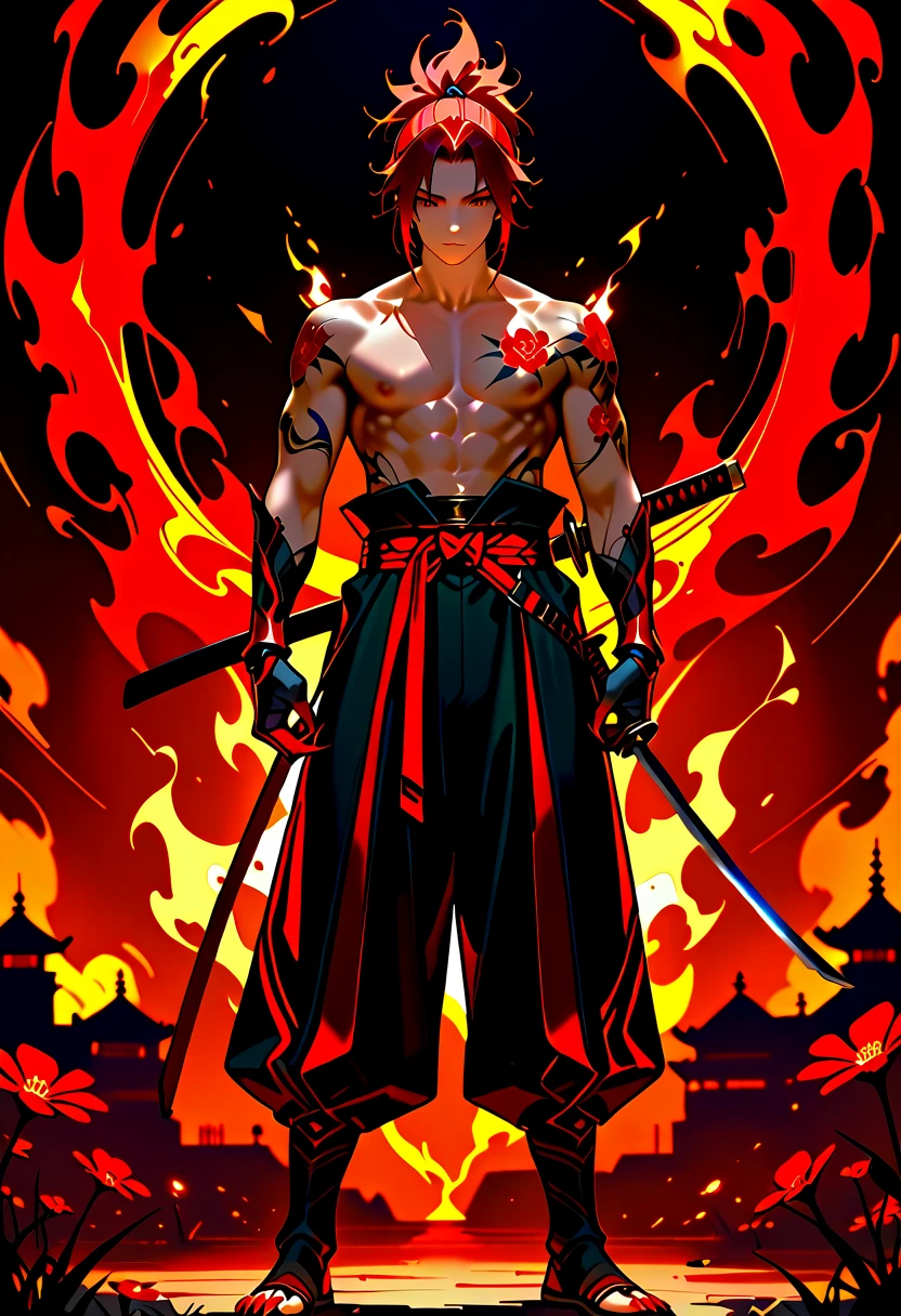 (best quality,4k,8k,highres,masterpiece:1.2),ultra-detailed,(anime style),male character,detailed,oni,night background,dark atmosphere,sharp focus,horns,sharp teeth,mischievous expression,golden eyes,dark short hair,traditional aura,red and black colors,mischievous presence,powerful stance,ominous lighting,Japanese folklore,