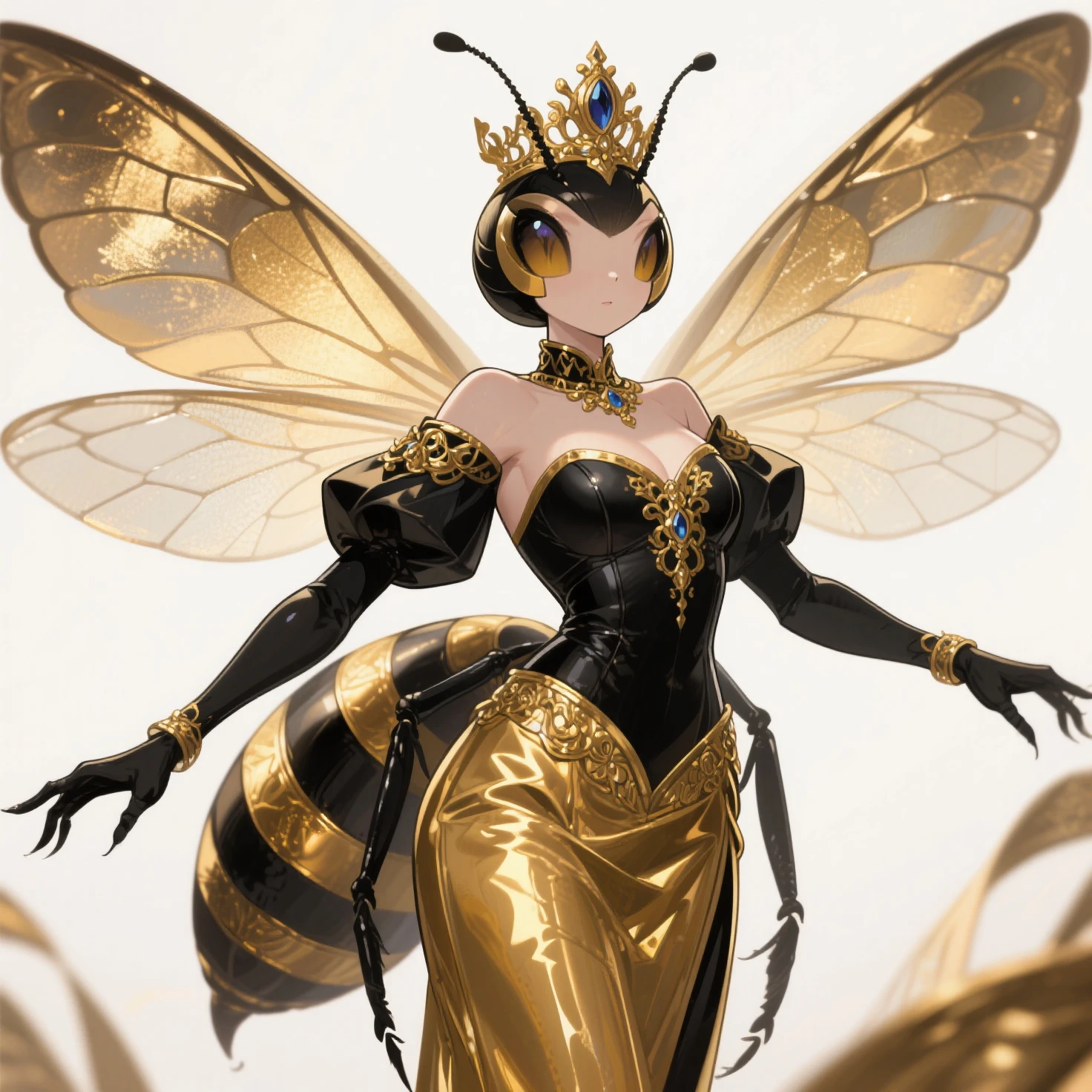 Bee, queen, royalty, kim Kardashian (perfect face)(bimbo female:1.2) , voluptuous, stockings (insect, anthro) (wings) honey, wax. (Thorax) yellow black patterns, dimond patterns.
Elegant dress. Pokémon