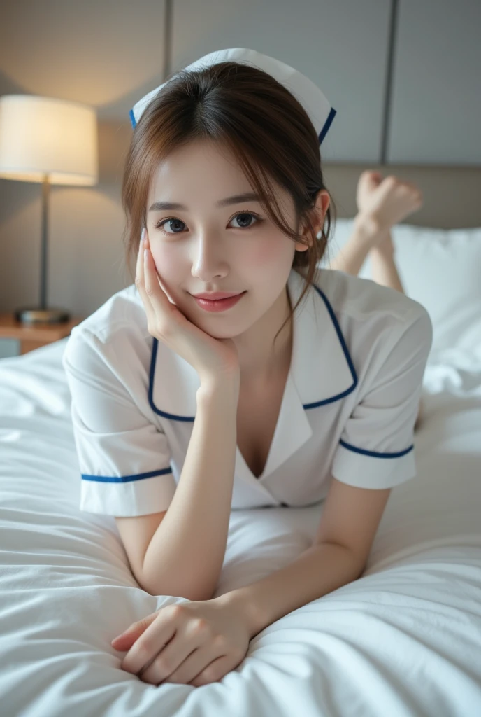 Japan girl like a sexy and cute idol wearing a light blue nurse outfit, a miniskirt, And her white thighs were sexually aroused.、Boldly inviting you to join her in bed