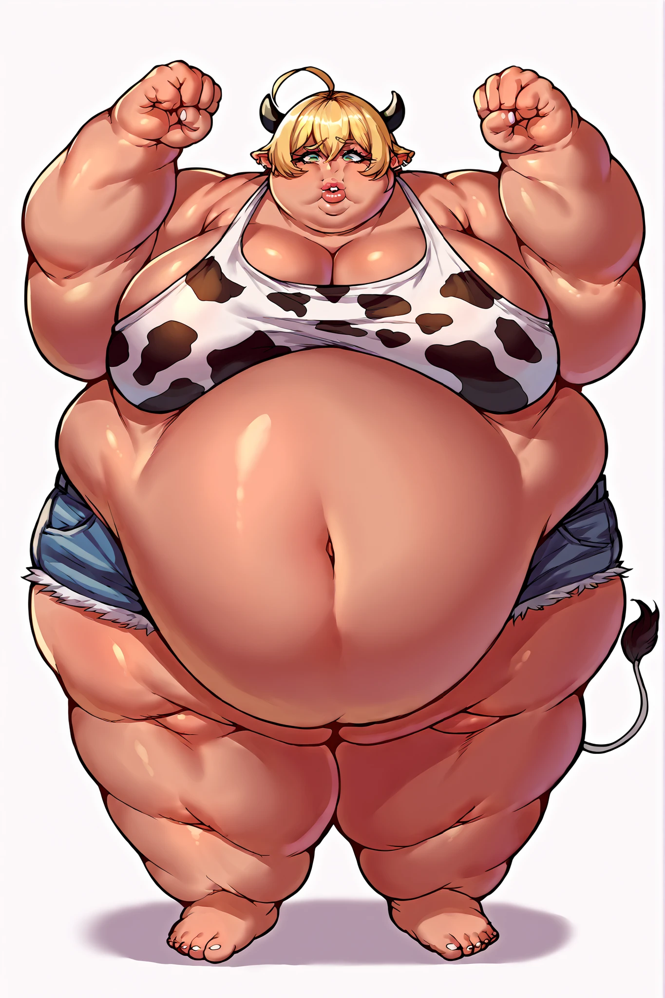Anime Women、Lady、Brown Hair, Forehead、Short Hair、Curly hair、Perm、Afro、Glasses、Brown eyes, Very fat、Chubby、Voluptuous、obesity、Double chin、Fat-covered neck、Thick upper arms、Thick legs、Big Breasts、Big Butt、Big Belly、leopard print jumpsuit、Wide-leg trousers、Sweat、blush、Embarrassed