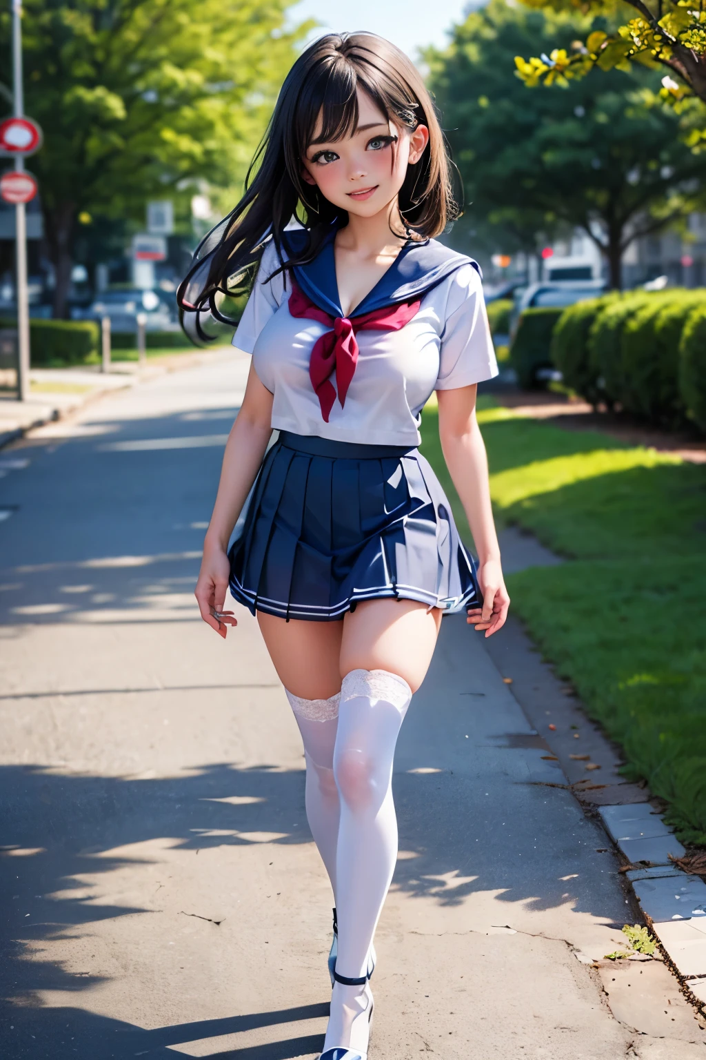 (Japanese-style school,the cherry trees:1 Elf beauty,standing on your feet,a sailor suit), tmasterpiece, best qualtiy, RAW photogr,Meticulous facial portrayal,realisticlying, Incredibly Ridiculous res,(Elf long ears), ear studs,hair pin, (Long flowing silver-black hair:1.9),eye shadows,(a sailor suit),eardrop,foot ring,short skirt,(Black sport socks)(Black half-knee socks),(Black sport socks),(Low-heeled leather shoes),two longer legs,depth of fields, A high resolution, ultra - detailed, filigree, RAWE is very detailed, very detailed eyes and faces, Sharp pupils, realistic pupil, tack sharp focus, cinmatic lighting,full bodyesbian,Bigboobs,long leges,From the front side,dynamicposes,Normal posture,closeup of face