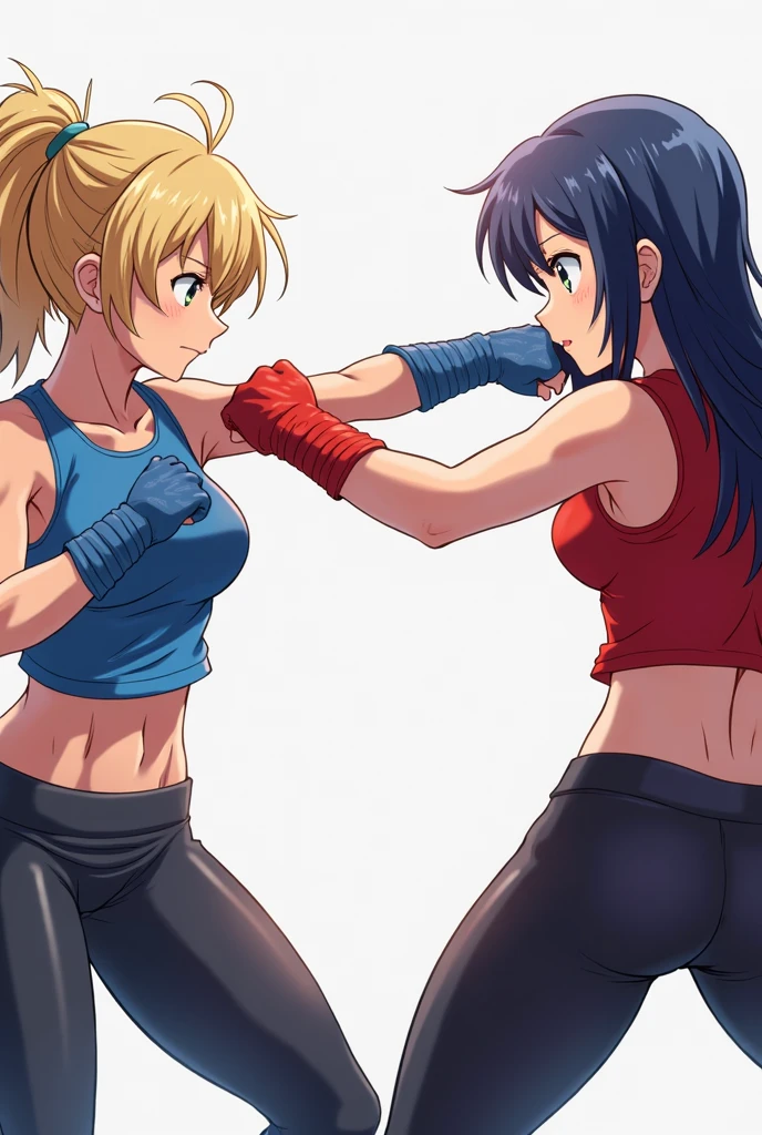 Two female boxers, one female boxer is punching, the other female boxer is being pounded properly, one-sided development, female boxing match, bang, punch hits, (((two women)), sports bra, leggings, boxing gloves, fist strike, rope, cornered, boxing ring rope, sweat all over body, visible damage, The two are facing each other, no third person