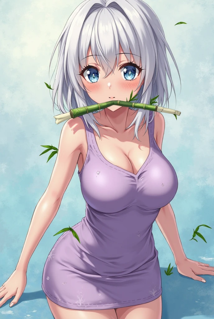 The character in the image has an appearance that mixes cuteness with provocative sensuality. She has short, white hair that falls softly around her face, with bangs that cover her forehead in an asymmetrical way, leaving her face well framed. Their eyes are large and brown, with a slightly tired or indifferent look, and their arched eyebrows give an impression of tranquility or boredom. Your skin is clear and without visible imperfections, giving a feeling of delicacy. The character has a slightly flushed face, as if she is embarrassed or excited, which contrasts with her facial expression which is quite neutral, almost monotonous, with her tongue sticking out, touching a tree branch that she is holding. This gesture gives a suggestive tone to your expression, which could be interpreted as provocative or challenging. She wears a white shirt that is unbuttoned at the top, revealing her cleavage and part of her breasts, reinforcing the sensual tone of the image. Below her bust, she wears a blue or purple sash, which appears to be some type of belt or decorative accessory. Her upright posture, with slightly slumped shoulders, gives the impression that she is relaxed and confident in her own appearance. Overall, the character combines elements of innocence with a veiled sexuality, creating a figure that is both intriguing and challenging. The mixture of an almost apathetic expression with provocative gestures results in a personality that appears to be complex and multifaceted. Do it anime style