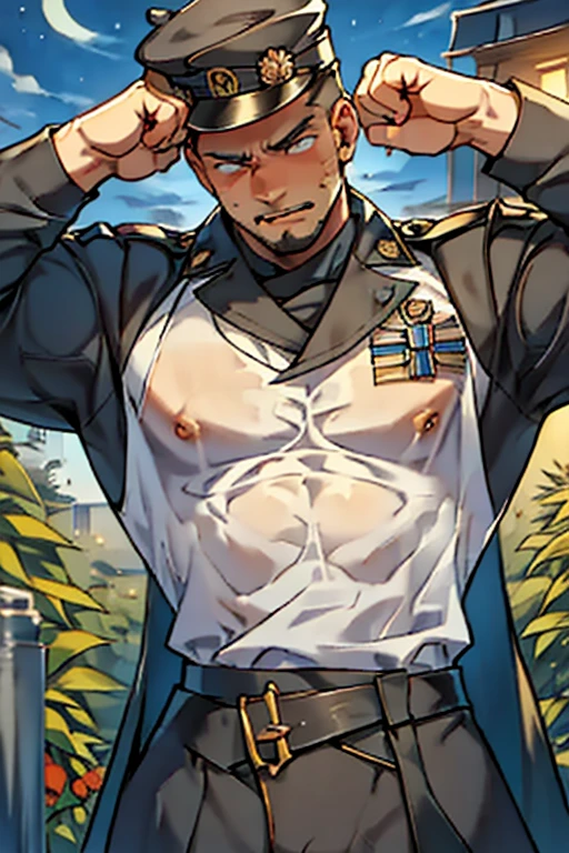 Roy Mustang de Full Metal Alchemist, wearing his blue military suit but open, showing his pectorals and abdomen when he is shirtless, musculoso, guapo, piernas grandes, cuerpo definido, (absurdo, high resolution, ultra detallado), 1 male, maduro, hombros anchos, ojos y rostro finamente detallado