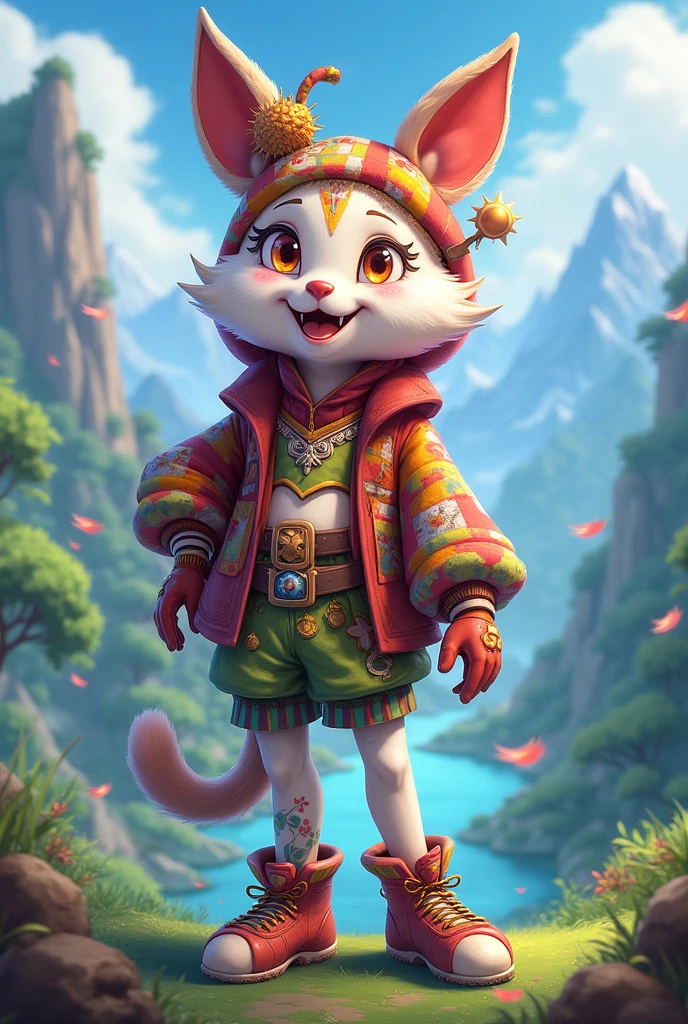 character portrait of a sexy, adult, (female:1.4), (anthro:1.2), felyne, felid, thin, hi res, soft shading, detailed eyes, beautiful eyes, detailed face, good anatomy, 1tail, tail, cinematic lighting, by woolrool, crayon \(artist\), buta99, detailed background, outdoors, blue eyes, slit pupils, tan fur, brown fur, standing, fantasy, belt, hat, shawl, goggles on head, belt bag, white skirt, pawprint marking, bag behind back