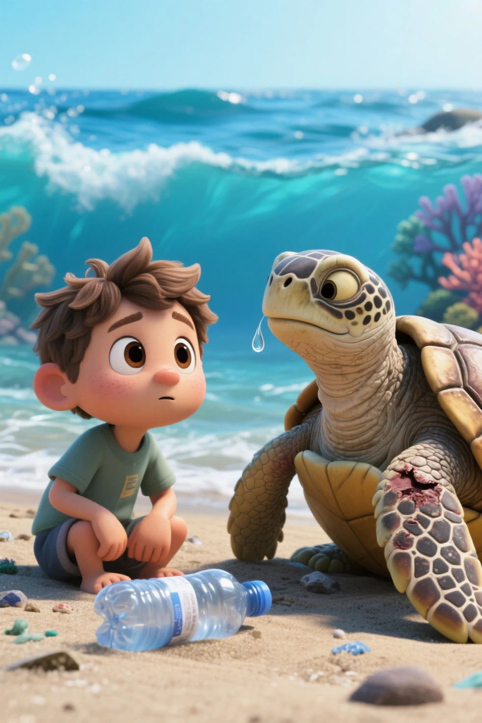 a close up of a child holding a turtle on a sandy beach, children's animated films, official illustration, animated movie, 3 d animated movie, adorable digital painting, animated film, children's cartoon, cute detailed digital art, kids book illustration, cartoon turtles, anthropomorphic turtle hero, children's tv show, mobile wallpaper, animation film, official art