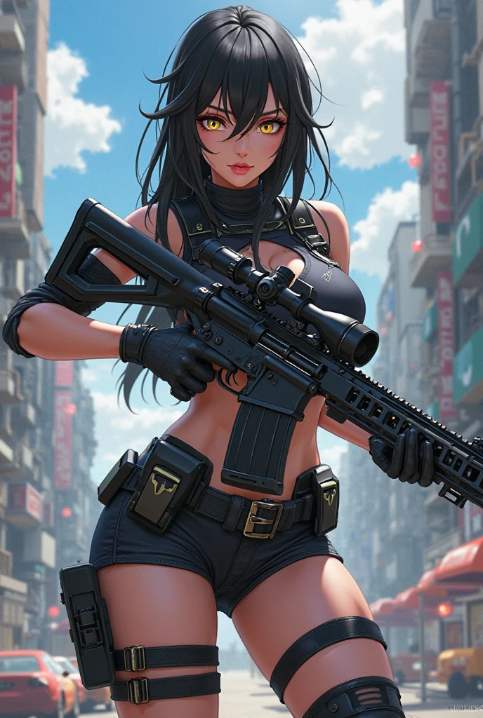 Unreal Engine:1.4,Ultra-realistic 64K CG, Photorealista:1.4, Skin Texture:1.4, Top 1 girls in bikinis ,Gatling gun, Shell casing, Looking at Viewer, Bangs, ammunition belt, gloves,Saggy breasts,opening fire,in the picture, Beautiful girl in bikini with Japan tattoo,Long hair with black messy hair appears,The delicate face of,Wearing bikini metal,standing on the ruins,The behavior of a woman with a heavy sniper rifle in her hands