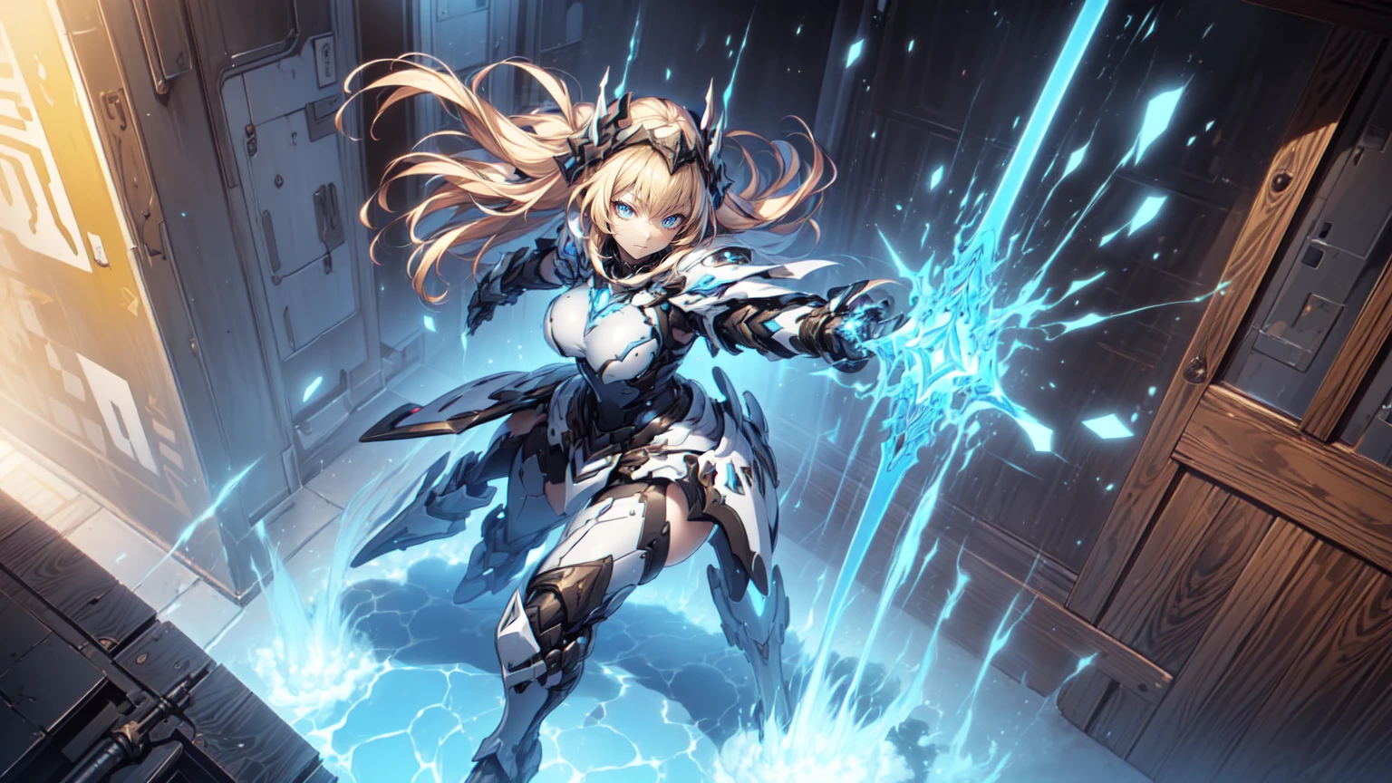 (((Best resolution, Textured skin, high quality, Caution about scars, Precise CG unification, game CG))), (One adult woman), (purple long hair), Are standing, (action pose: 1.4), dynamic angle, (white armor), sacred knight,