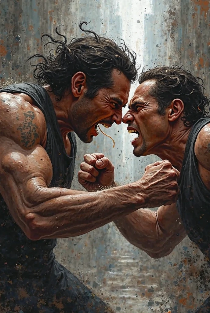 A rough oil paint of a man lying with his opponent