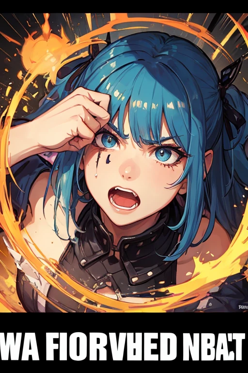 masterpiece, highres, best quality, ultra-detailed, perfect lighting, adult, fire, explosion, mature, female, 1girl, looking at viewer, middle finger, fuck you, eyes closed, jinxlol. upper body, <lora:CHAR-Jinx:1.3>, <lora:POSE-MiddleFinger:1.1>,