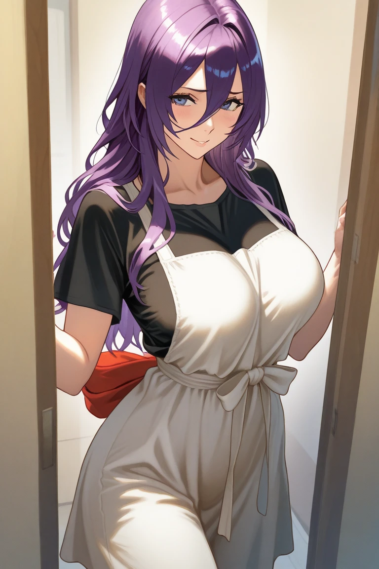 1 Girl, smile, purple hair, long hair, hairclip, Maid costume, Best quality, masterpiece, a high resolution,
