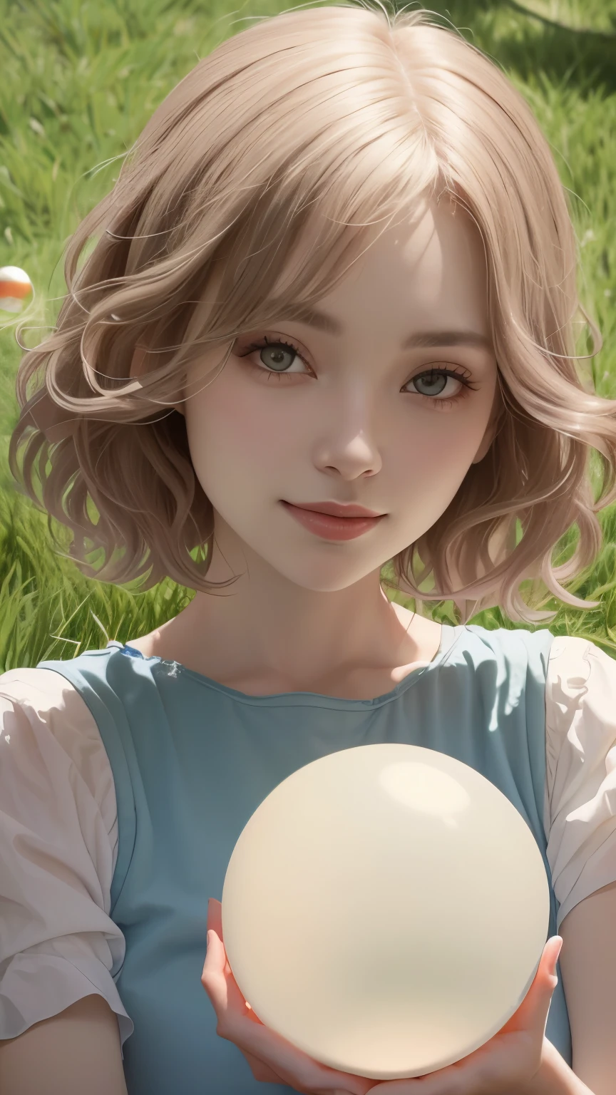 382 (20 year old woman),(short hair),(gentle smile),(high quality photos),( cinematic pictures playing on the lawn ),(colorful),(Crystal Ball),((contrast between light and shade))