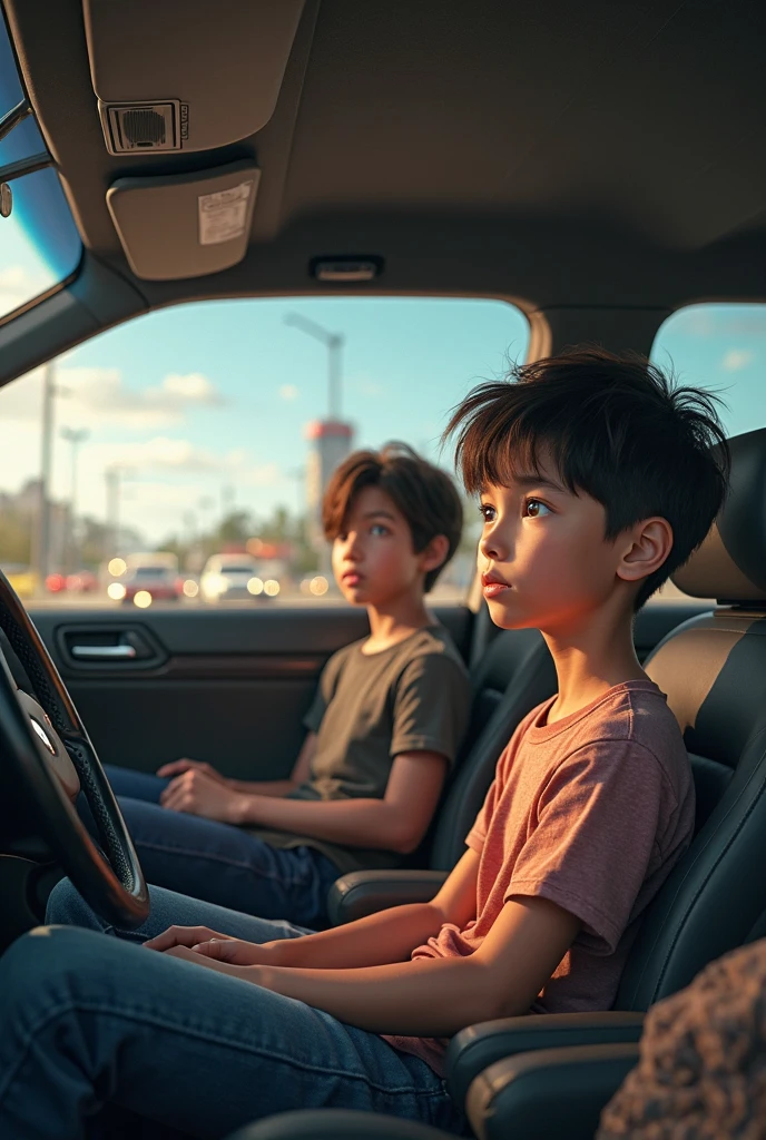a 7 year old boy in the back seat of the car, boy traveling by car with his father