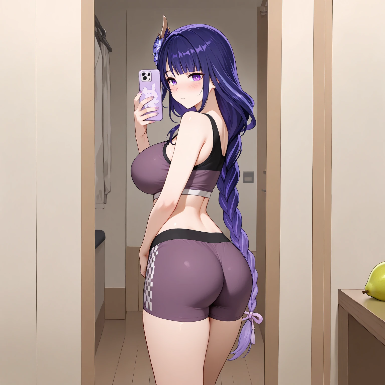 (masterpiece), best quality, purple, expressive eyes, , purple perfect face, gym, workout, hot, sweating, sweaty, tan, big , tan skin, flustered, purple, purple clothes, blush, purple clothes, see thru, yoga pants, black hair, backview , curvy woman , black hair, purple eyes ,, purple pants  ponytail, purple, purple clothes, purple pants, curvy woman, multiple men, curvy, massive breasts, massive ass, curvy milf, sweating, blush, blushing, cute, taking selfie, selfie, selfie infront of the mirror, black hair, ponytail, slefie, taking selfie with phone, iphone, taking pictures with iPhone, selfie, taking selfie , blushing, embarrassed 