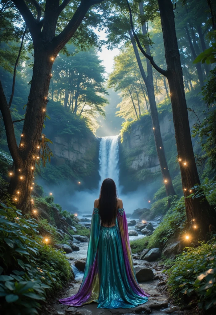 Ultra-detailed, cinematic masterpiece of an ancient forest bathed in ethereal twilight. Towering trees with luminous, bioluminescent veins stretch toward the sky, their branches adorned with glowing petals that drift gently in the wind. A hidden waterfall cascades in the background, its mist catching the soft golden and sapphire light filtering through the dense canopy.
In the heart of this mystical landscape, a lone figure stands—cloaked in flowing, iridescent fabric that shifts between deep emerald and silver-blue hues. Their presence exudes both serenity and quiet power, as fireflies and spectral lights swirl around them, illuminating the scene with a mesmerizing glow. Every texture is rendered with photorealistic precision, from the rough bark of ancient trees to the delicate shimmer of dew-laden foliage. The atmosphere is a fusion of tranquility, mystery, and breathtaking grandeur.