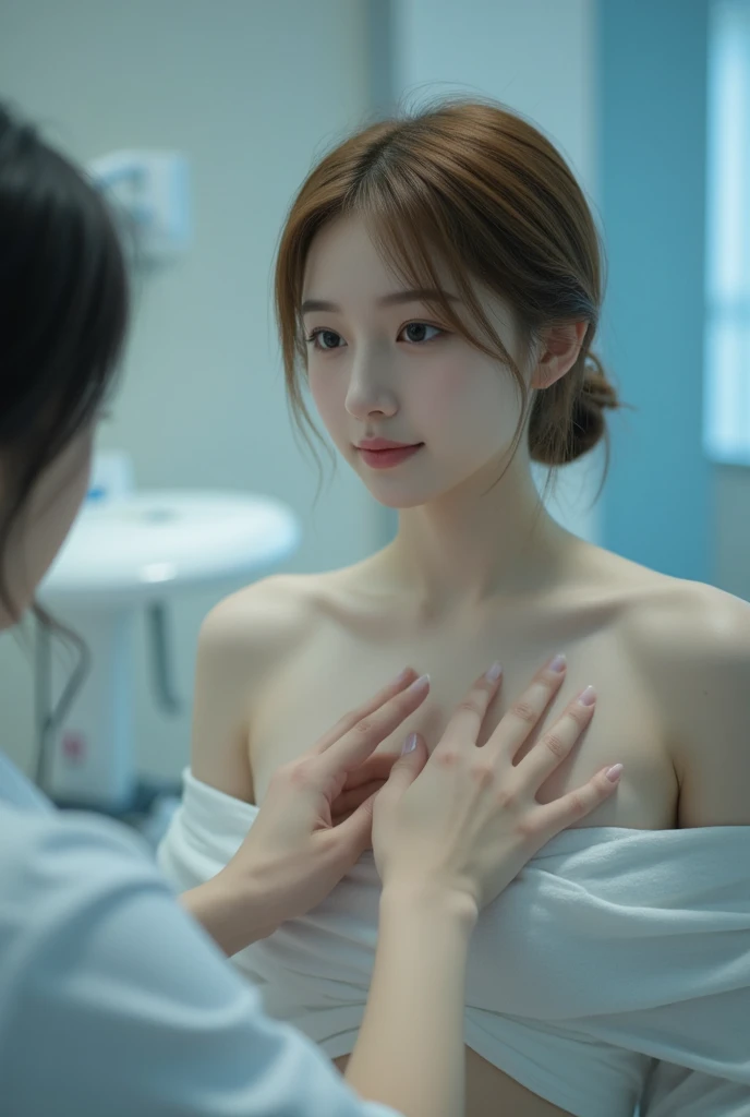 A naked Japanese girl has an ecstatic expression as a milking machine touches her breasts