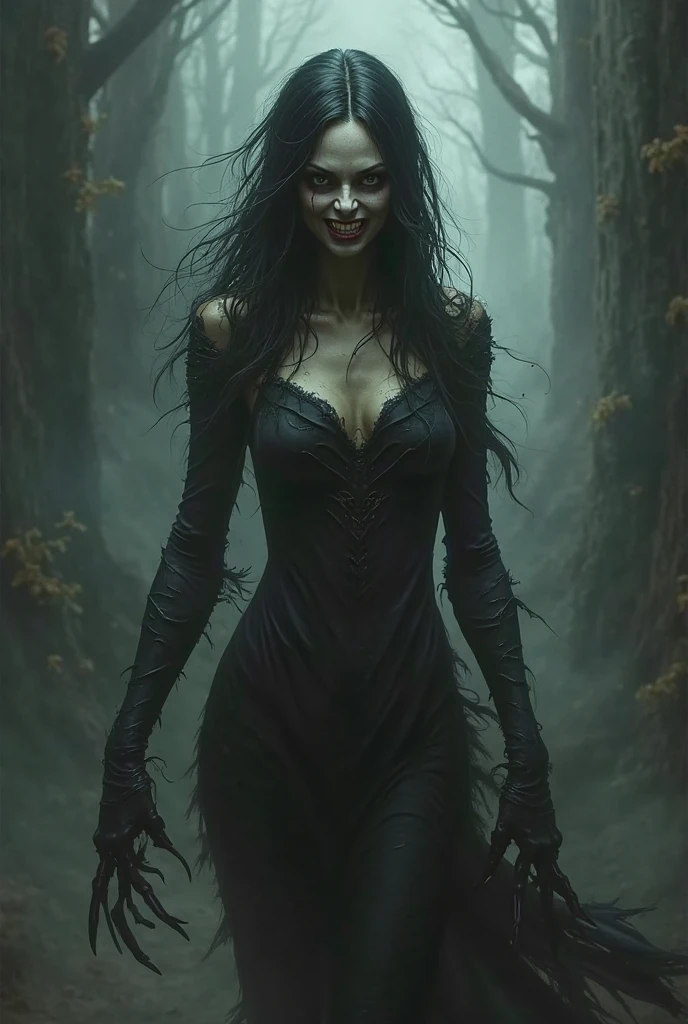 sensual demon, fury, 1 female demon, detailed facial features, piercing eyes, sharp fangs, horns, dark skin, black hair, flowing dress, clawed hands, dark smoky background, dramatic lighting, cinematic composition, dark fantasy, dramatic colors, moody atmosphere, photorealistic, 8k, highest quality, masterpiece