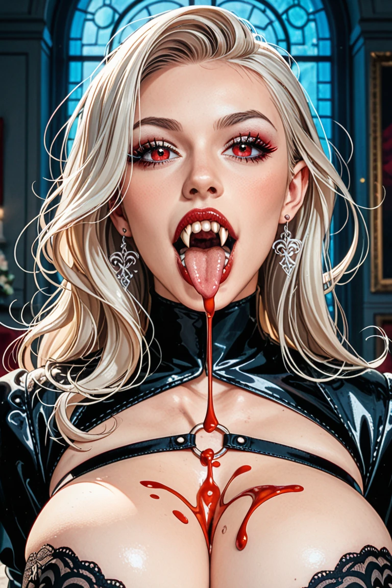 ((a photorealistic portrait of an exquisite, glamour female vampire: 1.5)) , pale face, blond hair, long vibrant shiny hair, glamorous hair, emerald green eyes, deep penetrating eyes, red lips, lustful lips, ((two vampiric fangs: 1.5), drops of blood dripping from the mouth, ((1920's style: 1.5)), (highest quality:1.2, Very detailed, up to date, Vibrant, Ultra-high resolution, High Contrast, masterpiece:1.2, highest quality, Best aesthetics), best details, best quality, highres, ultra wide angle, 16k, [ultra detailed], masterpiece, best quality, (extremely detailed), Genetically modified..., Cinematic Hollywood Film, traditional watercolor painting